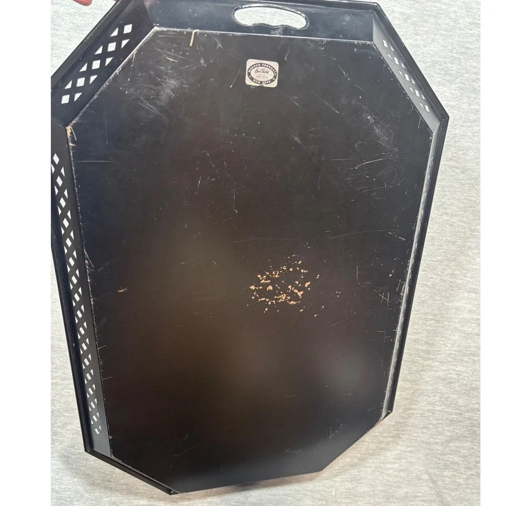 Vtg Nashco Hand‎ Painted Tray Tole Floral Black Octagon Serving Decor